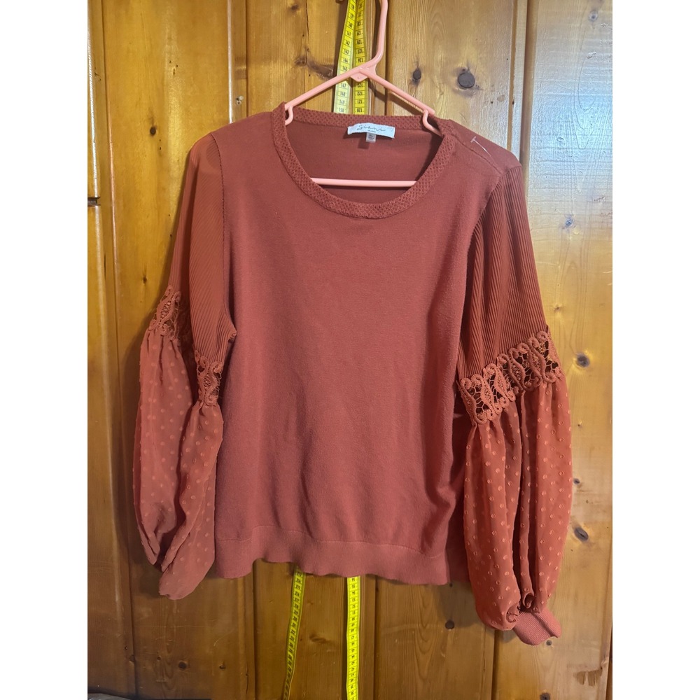 Siani Milano Rust Orange Knit Top Crochet Lace Swiss Dot Balloon Sleeve XL